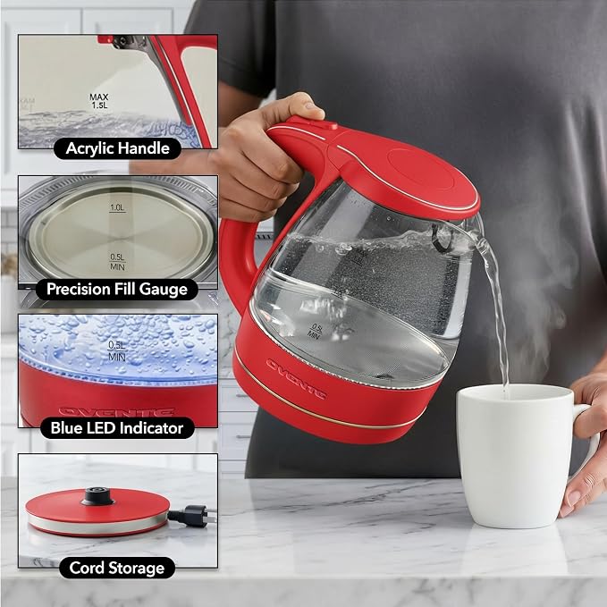 OVENTE Electric Kettle, 1.5L Borosilicate Glass Countertop Water Heater and Boiler for Coffee or Tea, BPA-Free, Auto Shut-Off, Boil-Dry Protection, Removable and Washable Spout Filter, Red KG83R
