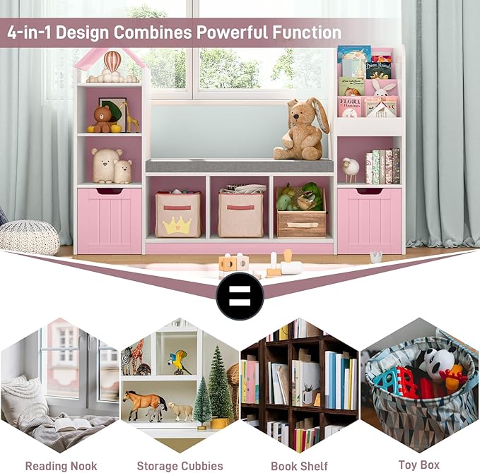 Kids Bookcase with Reading Nook, Bench Kids Bookshelf with 7 Storage Cubbies and 2 Movable Drawers, Multi-Purpose Toy Storage Organizer with Seat Cushion for Playroom, Bedroom, Living Room, Pink