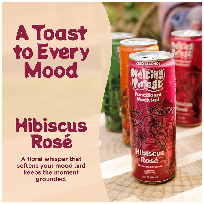 Melting Forest Functional Mocktail Hibiscus Rose – Alcohol-Free, Euphoric Adaptogen Drink with Reishi, Antrodia, Lion’s Mane, Ashwagandha – 10 Calories, Vegan, Gluten-Free (4 Pack)