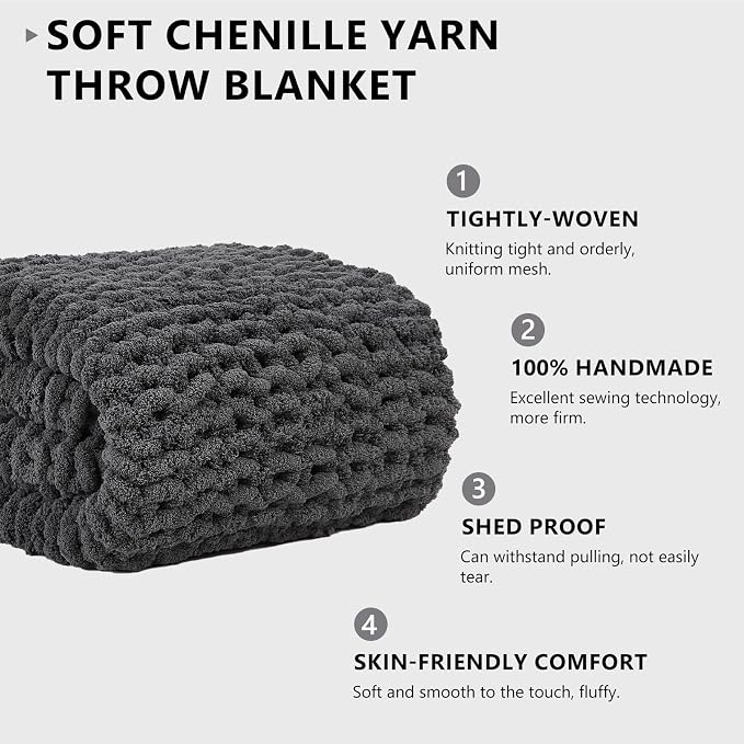 L'AGRATY Chunky Knit Throw Blanket for Couch, 72 x 84 Inches, Dark Grey | Handmade Chenille Crochet Blanket for Sofa Bed, Thick Cable Knitted Blankets for Room Home Decor, Birthday Gift for Women Mom