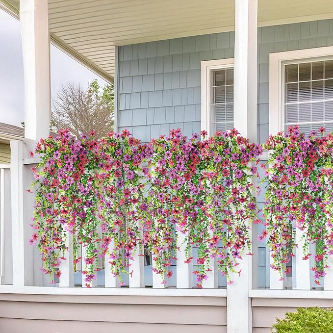 Artificial Fake Hanging Flowers Plants for Outdoor Spring Summer Decoration | 2 PCS Faux Silk Daisy with Eucalyptus Leaves,UV Resistant Look Real for Outside Home Planter Porch Patio Balcony Yard Decor