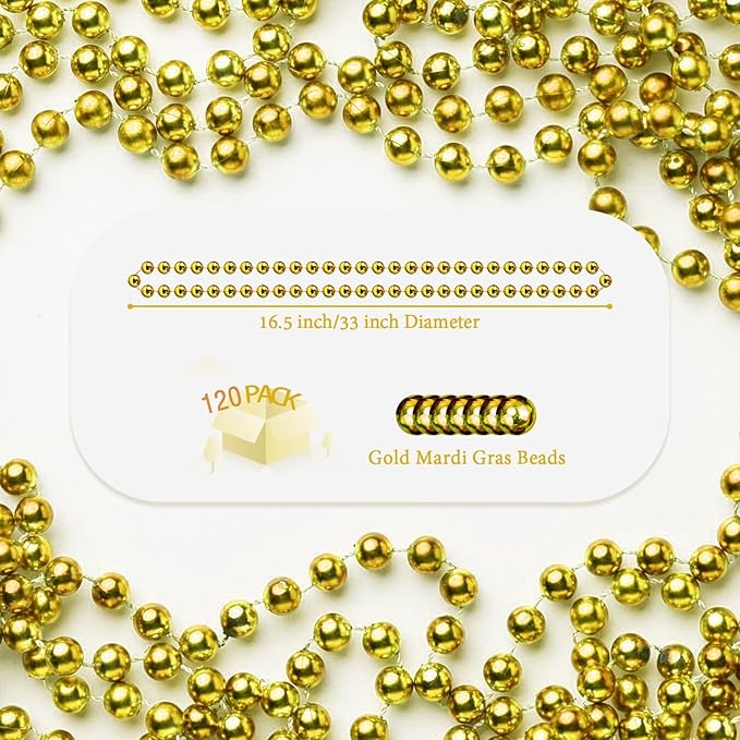 120 PCS Gold Mardi Gras Beads, Gold Bead Necklaces, Christmas Necklace, 33 Inch Round Beaded Necklace for Mardi Gras Party Christmas New Year Eve Festive Events, Party Favors