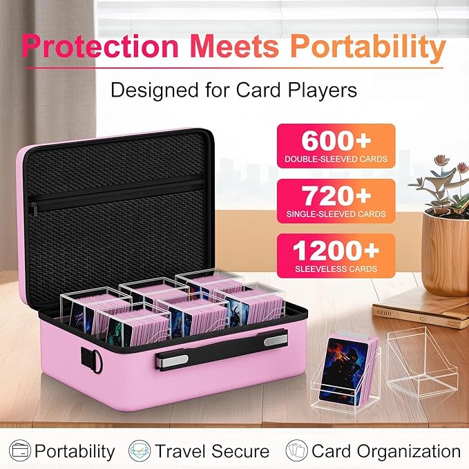 Proijeut Card Deck Box with Portable Case, 6 Pack Clear Commander Deck Box with 6 Dividers, Holds 600+ Double Sleeved Cards, Fit for MTG, YuGiOh, TCG (Pink)