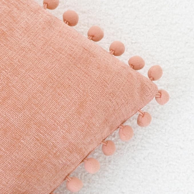 CaliTime Decorative Couch Throw Pillow Covers 16 X 16 Inches Dusty Pink | Pack of 2, Cozy Chenille Cushion Cases, with Pom Poms for Sofa Bed Living Room Farmhouse Home
