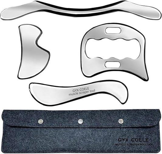 4 in 1 Stainless Steel Gua Sha Muscle Scraper Tool, Professional IASTM Physical Therapy Tool Set for Massage and Scraping （4pcs Carry Bag）