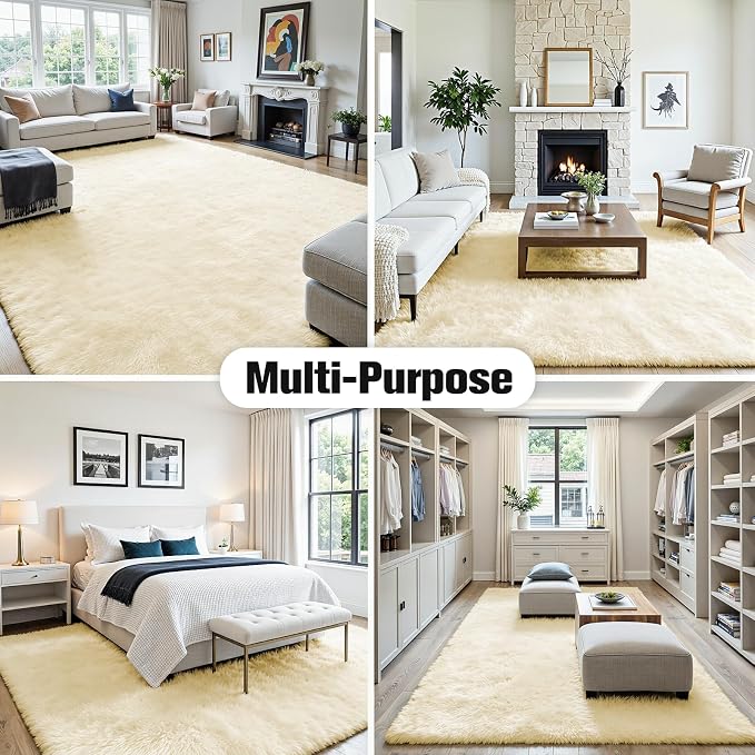6x9 Area Rug for Living Room, Ultra Soft Fluffy Cream White Rugs for Bedroom, Non Slip Large Shag Carpet, Fuzzy Plush Nursery Rug, Thick Washable Indoor Floor Carpets for Kids Office Dorm Home Decor
