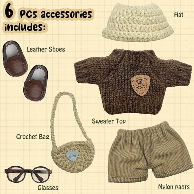 17cm Doll Clothes 6 PCs Accessories Outfits Brown Shoes Sweater Glasses Pants Hat Crochet Clothing Set for Keychain, No Doll(Brown)
