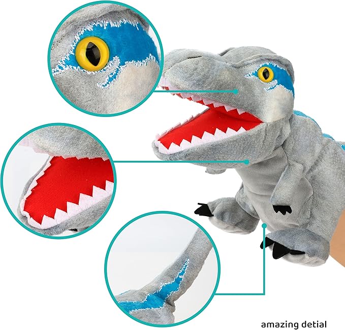 Cuteoy Plush Velociraptor Hand Puppet Stuffed Animal Toy Open Movable Mouth Creative Role Play Storytelling Dinosaur Plushies Gifts for Kids Toddlers Birthday Christmas