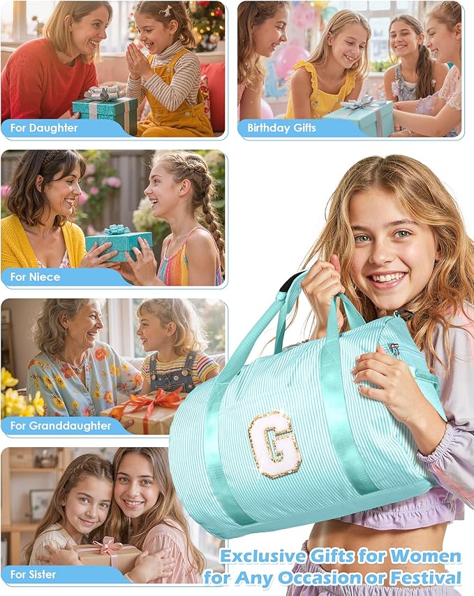 Gifts for 3 4 5 6 7 8 9 Year Old Girl, Girls Travel Duffle Bag, Kids Initial Overnight Bags with Shoe Compartment, Personalized Weekend Bag with Cosmetic Pouch, Preppy Stuff (Letter C)