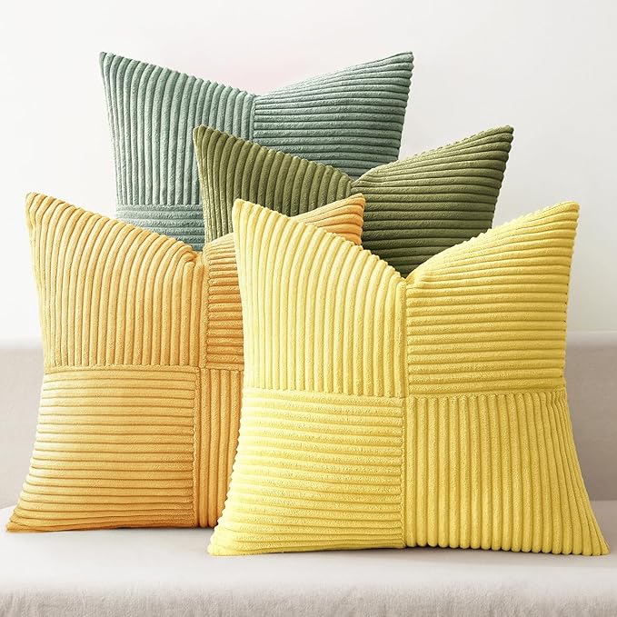 MIULEE Boho Farmhouse Spring Decorative Throw Pillow Covers 20x20 Inch 4 Packs Soft Vintage Pillow Cases Modern Corduroy Patchwork Cushion Covers for Couch Sofa Bed Summer Home Decor, Yellow Green