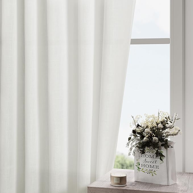 Off White Semi Sheer Linen Curtains 90 inch Length for Living Room Back Tab Rod Pocket Modern Farmhouse Coastal Decor White Cotton Textured Gauze Curtains 90 inches Long for Dining Room Office