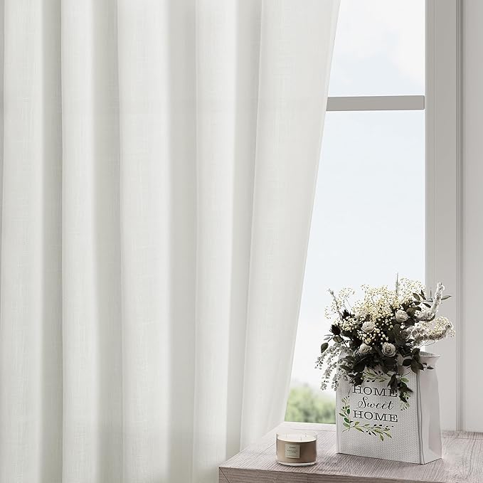 Off White Curtains 100 Inches Long 2 Panels Back Tab Sheer Linen Curtain Modern Farmhouse Coastal Decor White Cotton Textured Gauze Curtains 100 inch Length for Patio Sliding Door Office Bedroom