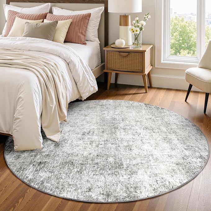 RELEANY Washable Round 4ft Area Rug for Living Room Gray White | carpet for bedroom, kitchen, office, hallway and entryway, printed pattern, non-slip, soft, stain-resistant, easy to clean