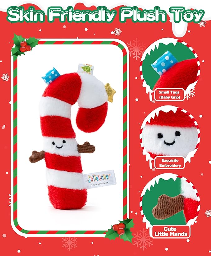 Jollybaby My Baby First Christmas Toys Candy Cane Squeaker for 0-6-12-18 Months, Car Seat Stroller Crib Toy, Christmas Stocking/Socks Stuffers Gifts for Tummy Time Infants/Newborns Boy and Girl