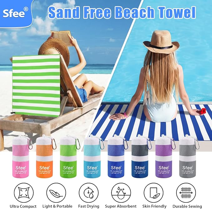 Sfee 2 in 1 Microfiber Beach Towel, Quick Dry Towel Travel Camping Towel Super Absorbent Compact Lightweight Sports Gym Towels Set for Beach, Gym, Hiking, Pool, Backpacking, Bath, Yoga