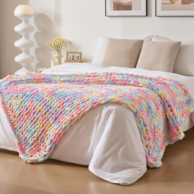 Bigacogo Chunky Knit Throw Blanket for Couch, 51x63 inches, PastelDreamMix | Hand Knit with Jumbo Chenille, Soft Breathable Cable Knit for Sofa Bed Living Room, Machine Washable, Gift for Mom Friend