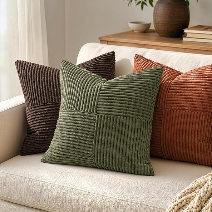 MIULEE Olive Green Decorative Euro Sham Pillow Covers 24x24 Inch for Bed Couch Sofa Spring Decor Pack of 2 Boho Farmhouse Throw Pillows Soft Cross Corduroy Patchwork Textured Cushion Cases