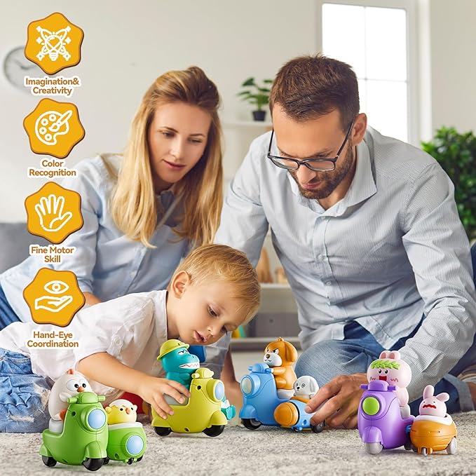 Press and Go 4-Pack Animal Car Toys for Toddlers 1-3, Dinosaur Toy Push Cars for 1 Year Old Boys Girls - Baby Toys 12-18 Months, Safe Push & Go Vehicles for 1st Birthday Gifts & Christmas.