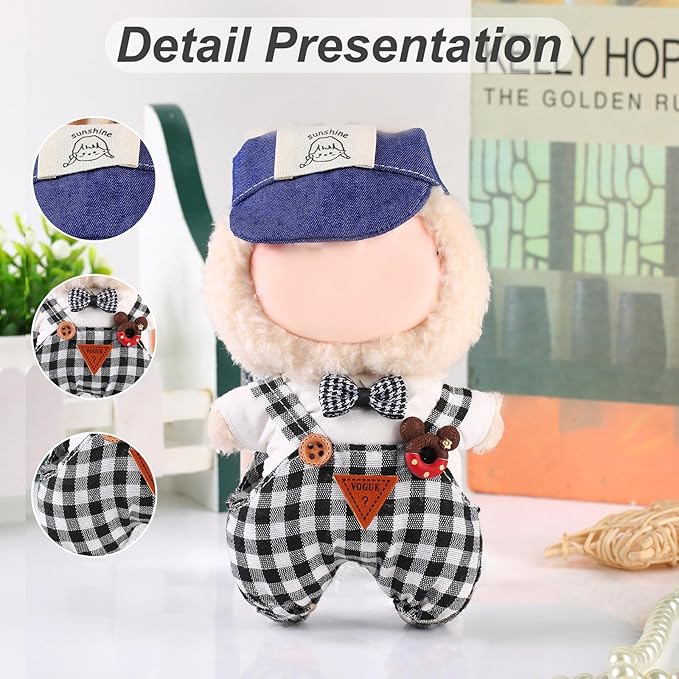 17cm Doll Clothes Set (No Doll) – Outfit with Hat & Overalls, Handmade Accessories for Mini Dolls, OB11-Compatible Dress-Up Gift (Blue Hat)