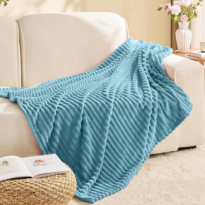BEDELITE 3D Ribbed Washed Blue Fleece Twin Blanket for Bed, 60x80 Inch | Soft Warm Decorative Fluffy Blanket, Cozy Plush Lightweight Fuzzy Throw Blanket for Couch Sofa Room Decor, Gift for Women
