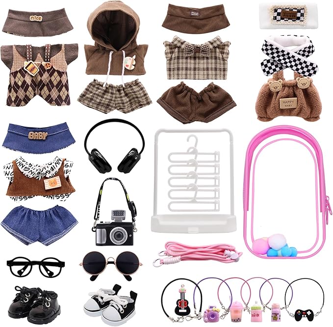 5-Pack Clothes Set Designed for Labubu Clothes with Accessories Set, Includes 6 Mini Accessories, Display Bag, Clothes Rack, Headphones, Camera, Sunglasses, Shoes Accessories for Labubu - Style D