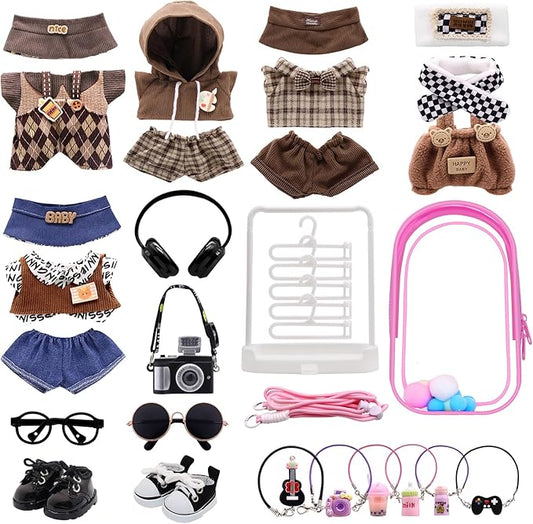 5-Pack Clothes Set Designed for Labubu Clothes with Accessories Set, Includes 6 Mini Accessories, Display Bag, Clothes Rack, Headphones, Camera, Sunglasses, Shoes Accessories for Labubu - Style D