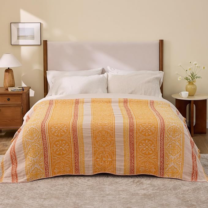 100% Cotton Boho Throw Blanket for Home Decor – Classic Farmhouse Quilt Bedding, Muslin Blankets for Adults, Vintage Woven Decorative Blanket for Couch, Bed Layering Use, Bohemian Stripe, 60"x80"