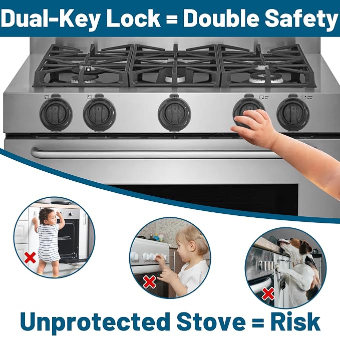 Childproof Stove Knob Safety Covers, Oven Knob Covers for Child Safety 5 Pack, Black Stove Knob Covers & Gas Stove Locks,Heat-Resistant Adhesive,Double-Key Baby Proof Covers for Gas/Electric Burner ﻿