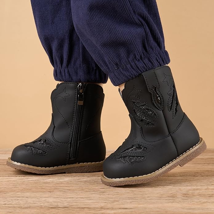 Newsonet Baby Cowboy Cowgirl Boots Infant Western Boots Toddler Boys Girls Round Toe Riding Mid Calf Boots All Seasons for 6 9 12 18 24 Months