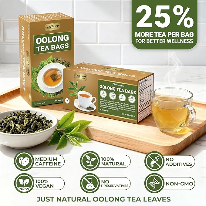 LeafLea Oolong Tea Bags, Post-Meal Comfort & Daily Ease, 80 Count | Te Oolong From Whole Camellia Sinensis Leaves, Mellow Golden Cup, Caffeinated, Sugar-Free, Individually Wrapped