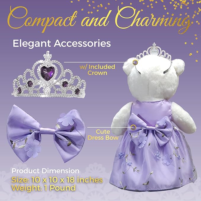 Quinceañera Teddy Bear 18-inches with Dress for 15th Birthday, Quince Bear with Matching Crown, Ideal Keepsake for 15th Birthday, Mis XV Años - Purple