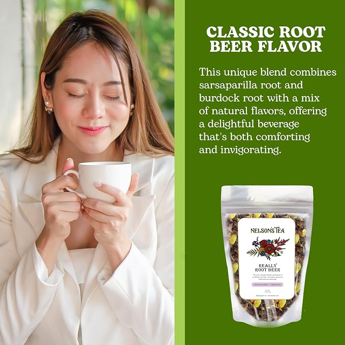 Nelson's Tea Really Root Beer - Cut & Sifted Sarsaparilla Root Tea Loose Leaf - Caffeine Free, Classic Herbal Blend with Burdock, Birch Bark, Dandelion, Licorice, Ginger and More (2 oz)