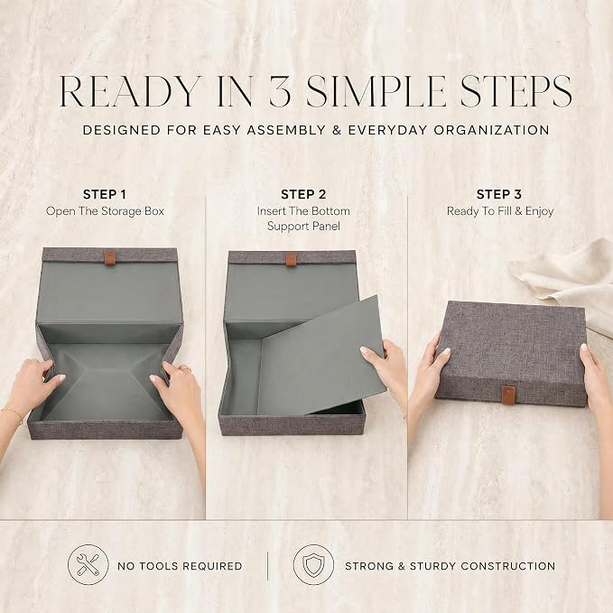 Decorative Photo Storage Boxes with Lids - Set of 2 Beautiful Linen Organizers Are Perfect to Safely Store Your Pictures, Documents, Scrapbooking Supplies, Keepsakes and Other Memories in Style