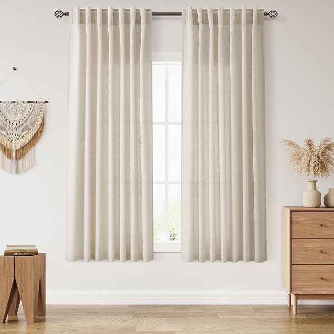 Nanspring Living Room Curtains 63 Inch Length Linen Boho Luxury Light Filtering Semi Sheer Curtain Back Tab and Rod Pocket Eclectic Home Decor Elegant Modern Drapes for Bedroom 52x63, 2 Panels