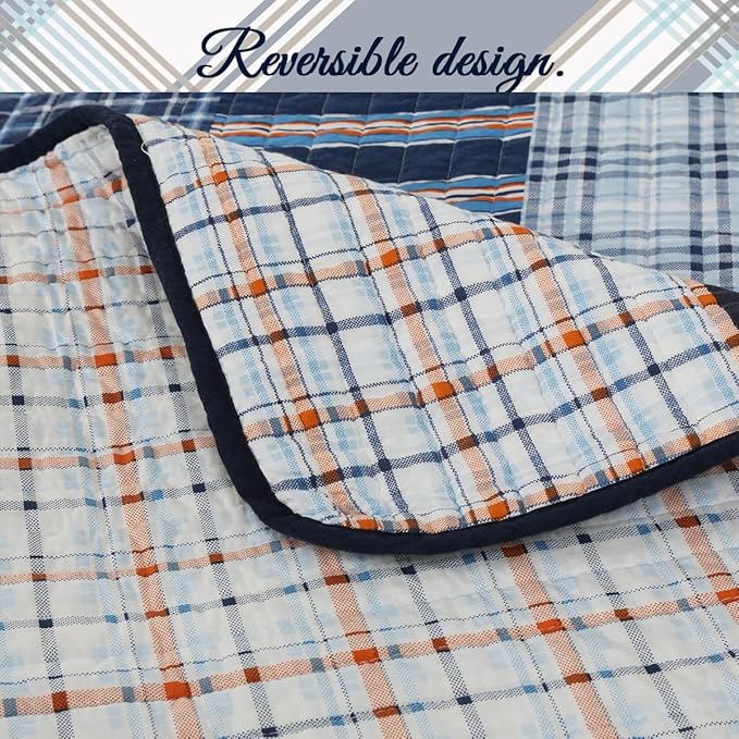Cozy Line Home Fashions Bennett Quilt Bedding Set, Navy Orange Grid Striped 100% Cotton Reversible Coverlet Bedspread (Navy Orange, Queen - 3 Piece)