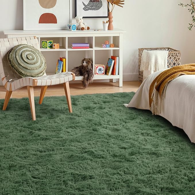 4x6 Ft Shag Green Area Rug for Bedroom Living Room, Ultra Soft Fluffy Furry Rugs for Indoor Floor, Aesthetic Carpet for Kids Home Decor