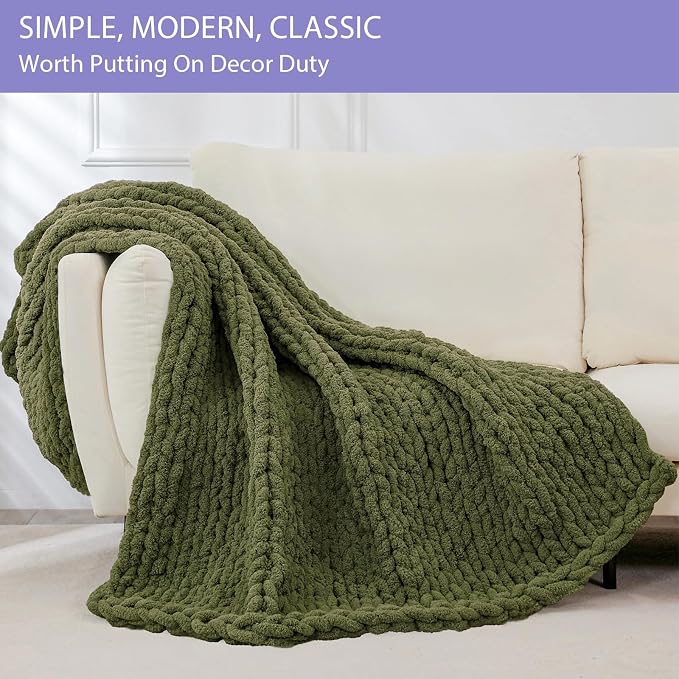 Bigacogo Chunky Knit Throw Blanket for Couch, 40x40 inches, Yellow Green | Hand Knit with Jumbo Chenille, Soft Breathable Cable Knit for Sofa Bed Living Room, Machine Washable, Gift for Mom Friend