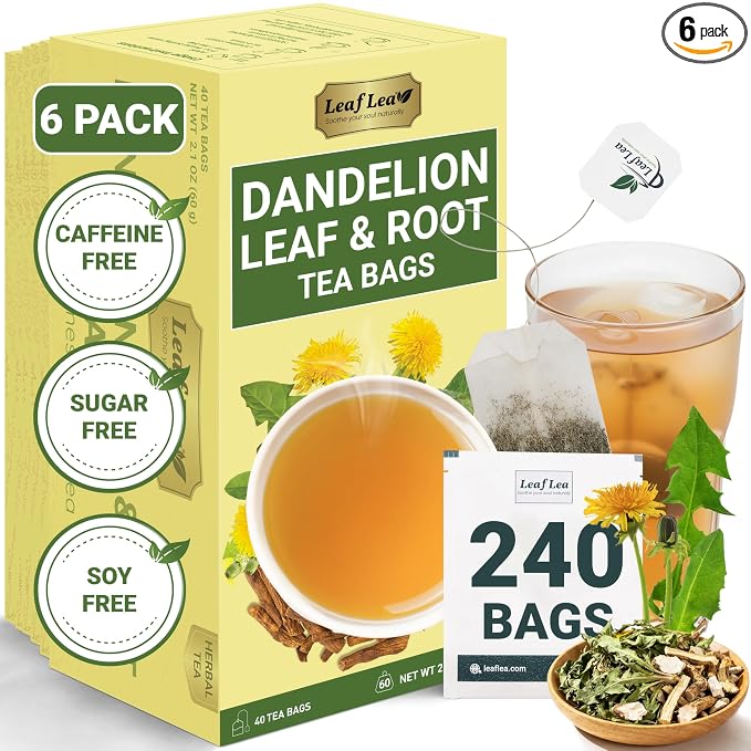 LeafLea Dandelion Root & Leaf Tea Bags, Caffeine-Free, No Sugar, 240 Count | 100% natural herbal tea blend. Sugar-free, Bulk pack. Individually wrapped for freshness. Te de Diente de Leon.