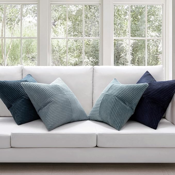 MIULEE Dusty Blue Navy Farmhouse Throw Pillow Covers 16x16 Inch Set of 4 Boho Patchwork Gradient Cushion Cases Western Modern Pillow Cases Corduroy Home Decor for Couch Sofa Living Room Bed