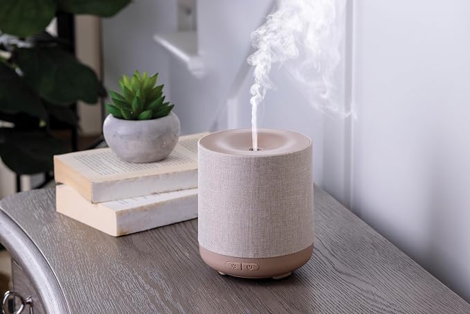 Airome Ceramic Essential Oil Diffuser|100 mL Humidifying Ultrasonic Aromatherapy Diffuser 8 Colorful LED Lights, Intermittent & Continual Mist, Auto Shut-Off, Natural Linen
