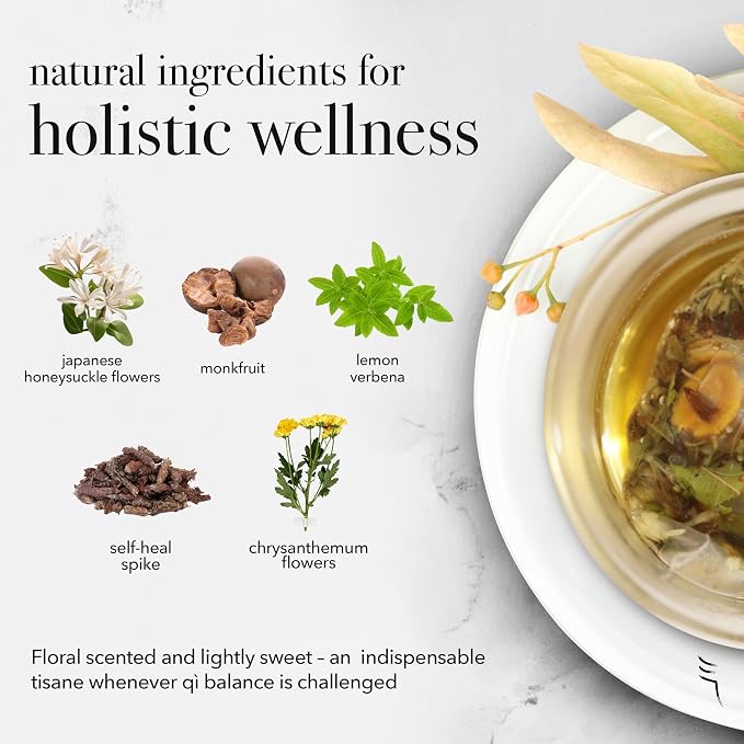 Qìsane Organic Honeysuckle Tea Bags with Chinese Medicinal Plants - Dried Honeysuckle Flowers, Self Heal Spike, Lemon Verbena & Monkfruit to Help Support Detox - 10 Loose Leaf Tea sachets (~30 cups)