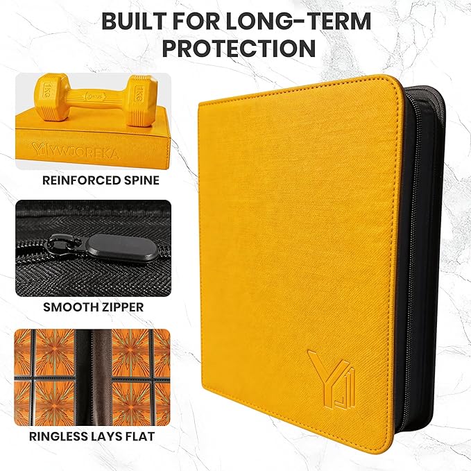 Toploader Binder 4 Pocket, Holds 128 Toploaders, Double-Sided Card Storage Binder for 3" x 4" Rigid Cards, PU Leather Album for Trading Cards & Sports Cards(yellow)