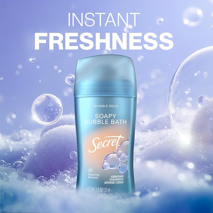 Secret Fresh Antiperspirant Deodorant for Women, 72hr Breathable Sweat & Odor Protection, Instant Freshness & Gentle, PH Balancing Minerals, Invisible Solid, Soapy Bubble Bath Scent,2.6 oz,(Pack of 2)