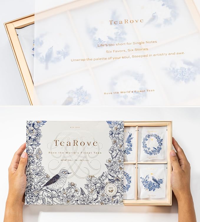 TeaRove Premium Tea Sampler Gift Set with Gold-Foil Presentation Box, 24 Assorted Variety Pyramid Infuser Bags, 6 Flavors Handcrafted Black, Oolong, Jasmine Green, Herbal Tea Sampler Gift for Tea Lover