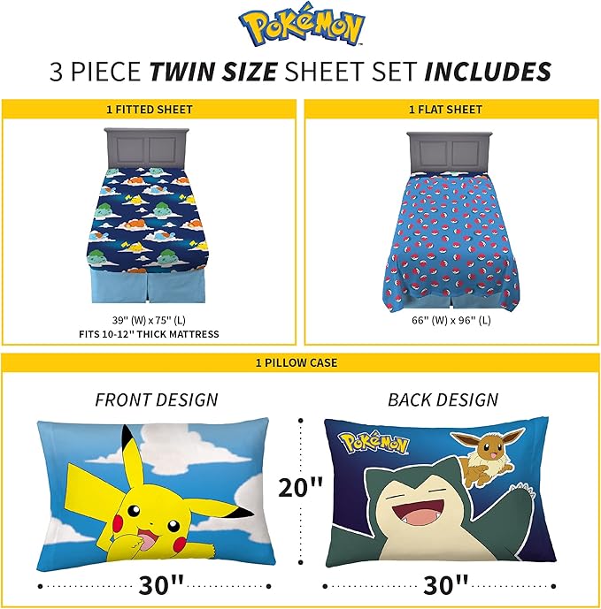Pokemon Anime Kids Bedding Super Soft Microfiber Sheet Set, Twin, (Officially Licensed Product) by Franco