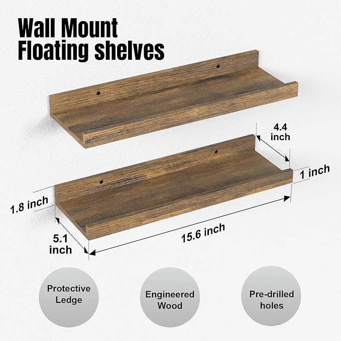 Boswillon Floating Shelves Set of 2, Small Wall Shelf with Lip, 16in, Brown | Display Ledge Shelf for Room Wall, Wall Decor Shelves for Bathroom, Living Room, Bedroom, Kitchen, Nursery Room, Rustic, Wood