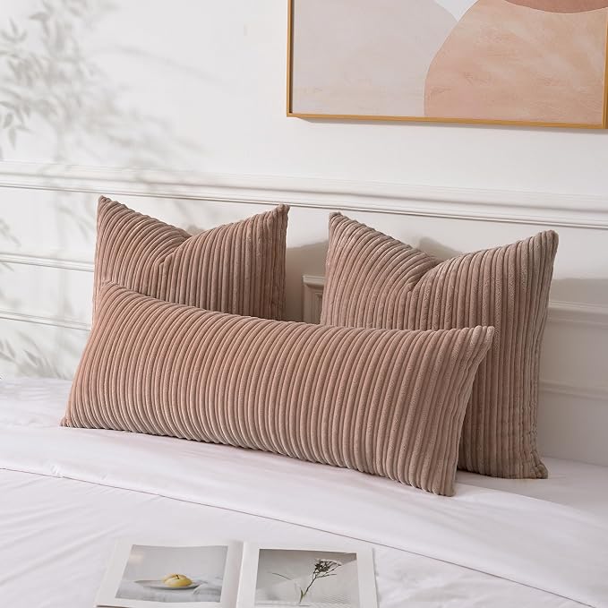 UGASA 14x36 Inch Pillow Cover Pack of 1 Soft Boho Stripe Corduroy Large Long Rectangle Lumbar Cushion Case Farmhouse Decorative Throw Pilowcase for Bed, Couch, Sofa, Bedroom, Living Room, Light Brown