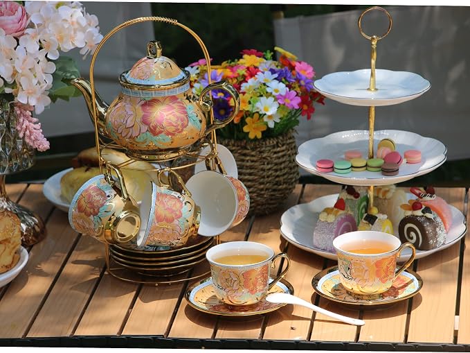 20 Pieces Porcelain Tea Set With Metal Holder, European Ceramic tea set for adults,Flower Tea Set,Tea Set For Women With Flower Painting (Large version, Deep yellow)