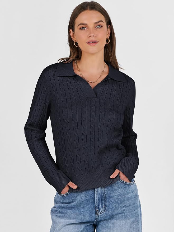 ANRABESS Womens Cable Knit Sweaters Long Sleeve V Neck | Pullover Collared Sweater Tops, Polo Knit Shirts, Business Casual Work, Tennis Golf, Fall Winter Fashion Outfits