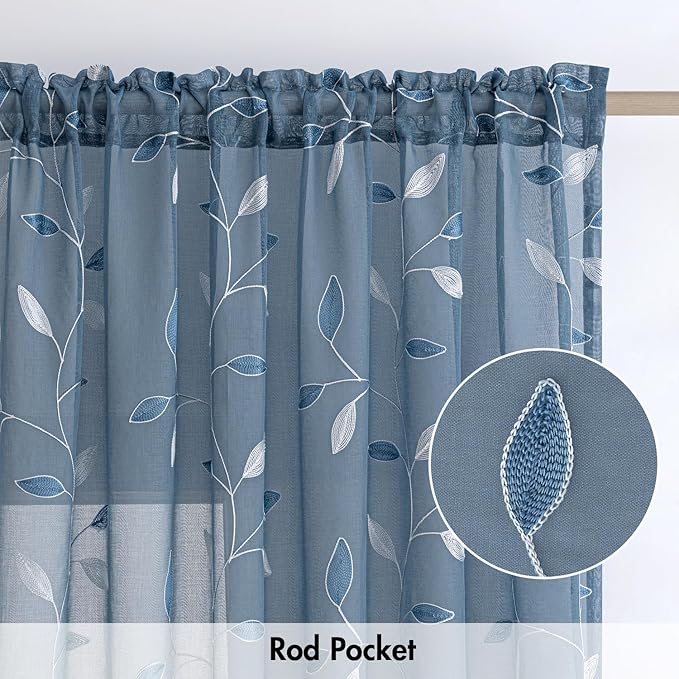 MIULEE Stone Blue Sheer Curtains 2 Panels Embroidered Leaf Patterned Rod Pocket Floral Semi Sheer Faux Linen Window Curtains Drapes Set for Living Room Bedroom Dining Room, 52x96 Inches Long